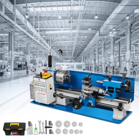Badass Precision Bench Top Mini Metal Lathe 7X14 Inch, blue cast iron design, includes built-in light and tools for machining.