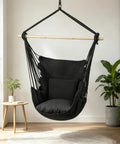 Cozy Hammock Chair With Two Cushions Hanging Rope Swing for Indoor Outdoor Patio Black Boho Macrame with Pocket and Hardware Kit