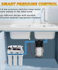 Image of installed 100G RO Booster Pump Kit For Home Use With High And Low Pressure Switches Quarter Inch Inlet Two Meter Water Tubing 304 Stainless Steel Build under kitchen sink.