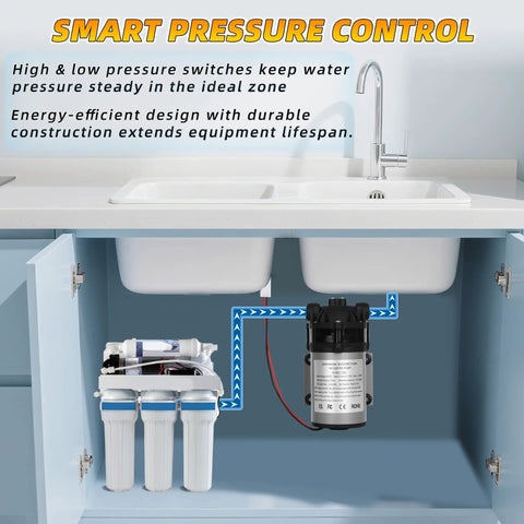 Image of installed 100G RO Booster Pump Kit For Home Use With High And Low Pressure Switches Quarter Inch Inlet Two Meter Water Tubing 304 Stainless Steel Build under kitchen sink.