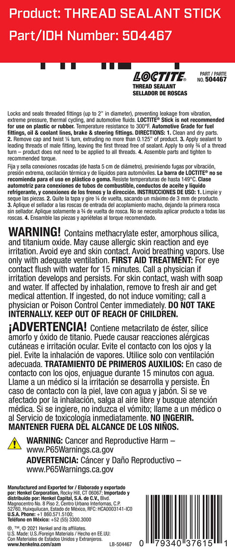 Back label of Loctite Thread Sealant Stick, showing product details, warnings, and barcode. Part/IDH Number: 504467.