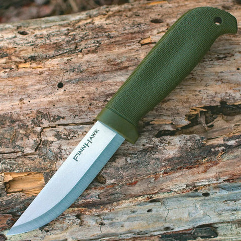 Finn Hawk 4 Inch Fixed Blade Knife For Outdoor Bushcraft And Game Processing, German 4116 Steel, TPR Handle on Wood Surface