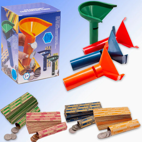 Color Coded Coin Counting Tubes With 150 Assorted Flat Coin Wrappers For Pennies Through Quarters Set Of Four In Blue Green Orange Red Sweet For Home Office Cash Handling Quick Sorting And Bank Deposit Prep, showing tubes and wrappers.