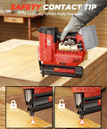Built Tough 18 Gauge Cordless Brad Nailer And 2 In 1 Electric Stapler For Milwaukee 18V Batteries showing safety contact tip feature on wood.