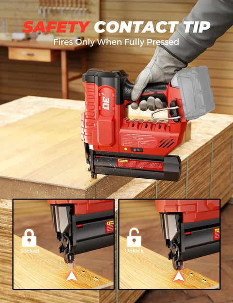 Built Tough 18 Gauge Cordless Brad Nailer And 2 In 1 Electric Stapler For Milwaukee 18V Batteries showing safety contact tip feature on wood.