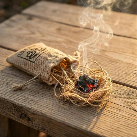 Smoldering tinder beside jute carry bag from Flint And Steel Fire Starter Kit With Hand Forged Carbon Steel Striker, English Flint Stone.