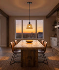 Harwez Matte Black Industrial Vintage Mini Pendant Light Kit E26 LP-0661 hanging above a rustic wooden dining table.