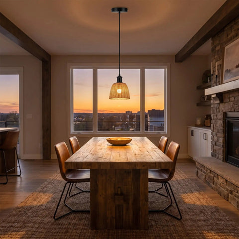 Harwez Matte Black Industrial Vintage Mini Pendant Light Kit E26 LP-0661 hanging above a rustic wooden dining table.