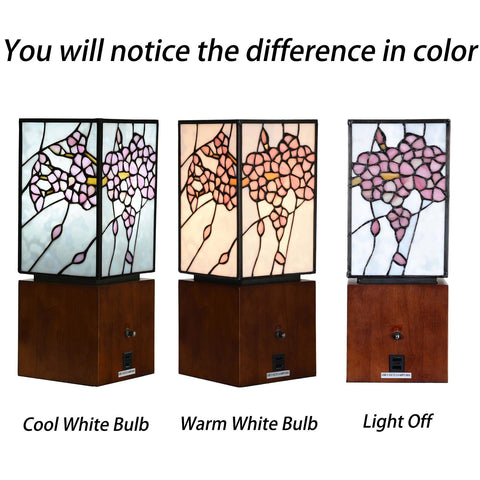 Three Cherry Blossom Tiffany Style Stained Glass Accent Table Lamps with USB Ports, shown in cool white, warm white, and off settings.