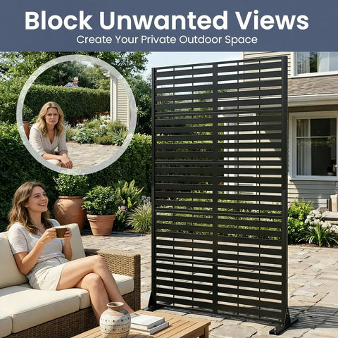 Metal Outdoor Privacy Screen 6 Foot Tall Freestanding Privacy Fence For Patio Garden Balcony And Backyard With Stable Base Wind Resistant Keeps Nosy Neighbors Out Of Sight And Creates A Private Relaxation Spot on patio
