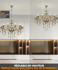 10-Light Crystal Chandelier In Cognac Champagne Finish With K9 Crystal Beads, Modern Candle Pendant Lamp mounted on ceiling.