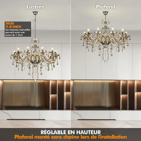 10-Light Crystal Chandelier In Cognac Champagne Finish With K9 Crystal Beads, Modern Candle Pendant Lamp mounted on ceiling.
