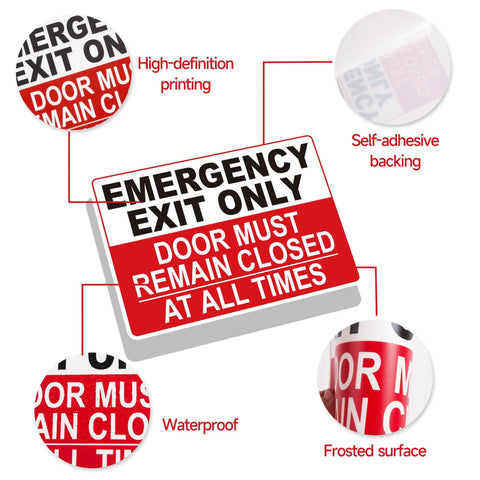 Emergency Exit Sticker Self Adhesive Red Sign That Grabs Attention, UV Weather Scratch Water Fade Resistant, Door Must Remain Closed At All Times, Perfect For Business Schools Offices Storage Rooms Hospitals