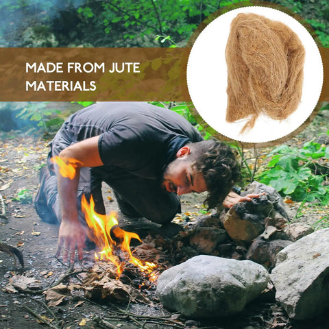 Person using Jute Fire Starter Rope 4 Pack for camping and hiking quick ignition, outdoor fire starting by rocks and leaves.