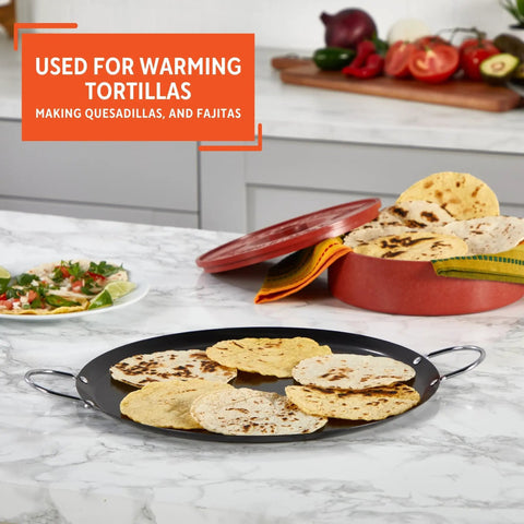 13.5 Inch Carbon Steel Nonstick Round Comal With Metal Handles Durable Black Pan For Tortillas Searing And Everyday Cooking