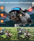Close-up of a foldable brushless drone with 2K HD camera showing 1080P FPV, outdoors view in the background.