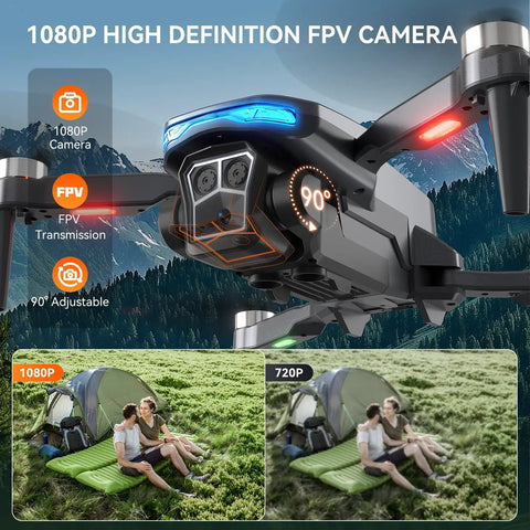 Close-up of a foldable brushless drone with 2K HD camera showing 1080P FPV, outdoors view in the background.