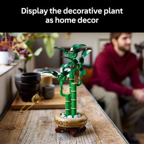 Buildable Lucky Bamboo Plant Kit For Adults Realistic Artificial Desk And Office Decor Mindful Diy Project Tabletop Plant Decoration For Home And Workspace Great Gift For Birthdays For Him And Her displayed on a wooden table