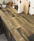 Kitchen countertop with Brown Wood Contact Paper Peel And Stick Countertop Vinyl Wrap Waterproof Wood Grain Wallpaper For Kitchen Cabinets And Tables Removable Self Adhesive Roll Perfect For DIY Countertop Makeovers No Mess Installation 15.8 by 394 Inches applied, showing a natural wood grain finish.