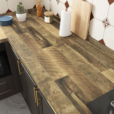 Kitchen countertop with Brown Wood Contact Paper Peel And Stick Countertop Vinyl Wrap Waterproof Wood Grain Wallpaper For Kitchen Cabinets And Tables Removable Self Adhesive Roll Perfect For DIY Countertop Makeovers No Mess Installation 15.8 by 394 Inches applied, showing a natural wood grain finish.