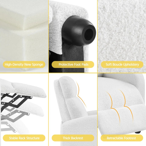 Detailed components of Boucle Laidback Cozy Recliner Sofa with Push Back Design featuring foot pads, upholstery, and footrest.