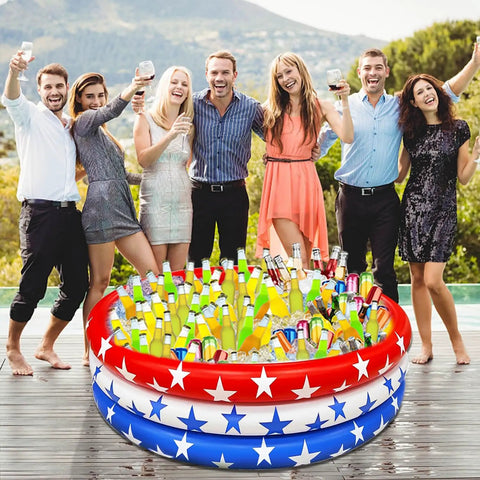 Group enjoying around a Patriotic Inflatable Cooler For Pool Parties With Big Ol 130 Plus Can Capacity, Giant Red White And Blue Flag Drink Cooler With Stars, 47 Inch Diameter, Perfect For 4th Of July Summer Pool Parties And Beach Luau Decor on deck.