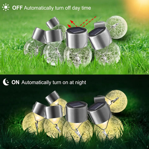 Solar Outdoor Lights Decorative 12 Pack Hanging Garden Lights Waterproof Solar Powered Globe Cracked Glass Ball Lanterns For Yard Patio Fence Tree Umbrella Holiday Decoration Warm White, showing day and night modes.