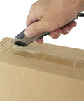 Self Retracting Box Cutter With Radius Tip Blade And Adjustable Depth, Dual Edge Guides For Quick Top Cuts, Includes Holster And Lanyard, Workhorse Ergonomic Safety Knife For Warehouse Cardboard Cutting, Built In Spare Blade Storage, cutting taped cardboard box