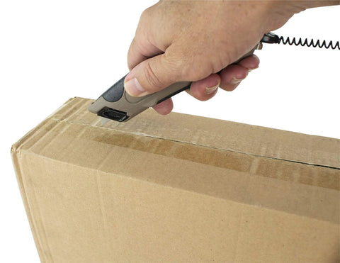 Self Retracting Box Cutter With Radius Tip Blade And Adjustable Depth, Dual Edge Guides For Quick Top Cuts, Includes Holster And Lanyard, Workhorse Ergonomic Safety Knife For Warehouse Cardboard Cutting, Built In Spare Blade Storage, cutting taped cardboard box