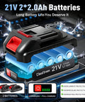 21V 2x2.0Ah Li-ion battery pack showing charging indicators and overcurrent protection features