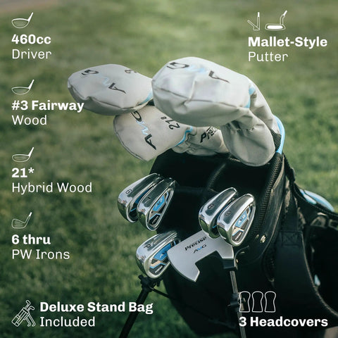 Ladies Complete Right Handed Golf Club Set With Lightweight Shafts, Regular And Petite Sizes, 14 Pieces in bag on grass