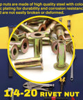 50 Pack 1/4-20 Multi-Grip Rivet Nuts Zinc Plated Steel Construction With Pre-Bulbed Shank Flat Head Threaded Insert Nut For Automobiles And Household Projects Terixe displayed with tools