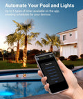 Hand holding smartphone controlling Outdoor Smart WiFi Pool Pump Timer Box Hooked Up With Heavy Duty 40A 120 277 VAC 2HP Wireless Controller