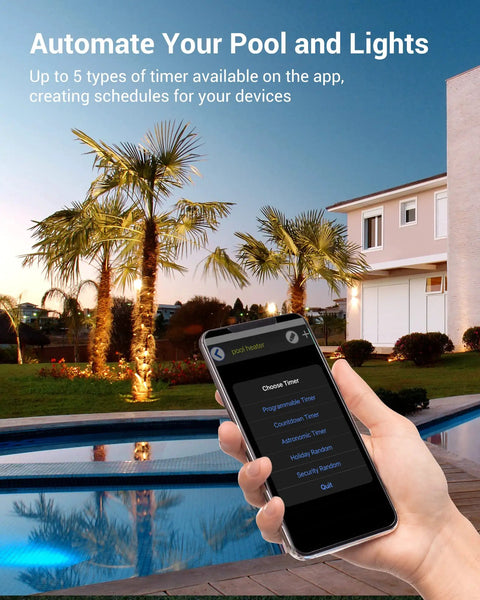 Hand holding smartphone controlling Outdoor Smart WiFi Pool Pump Timer Box Hooked Up With Heavy Duty 40A 120 277 VAC 2HP Wireless Controller