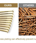 Close-up of 900 Piece Brass Plated Finishing Nails 3 4 Inch By 17 Gauge Flat Head Carbon Steel Fasteners showing rust prevention.