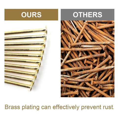 Close-up of 900 Piece Brass Plated Finishing Nails 3 4 Inch By 17 Gauge Flat Head Carbon Steel Fasteners showing rust prevention.