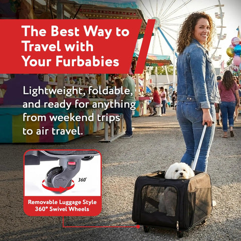 Woman with Rolling Pet Carrier With Wheels, Airline Approved Under Seat TSA Dog Cat Carrier For Air Travel