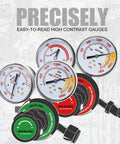 Oxygen And Acetylene Regulators For Medium Duty Welding Torch CGA540 CGA510 Compatible With 9/16 Inch 18 Outlet For Twin 1/4 Inch B Fittings, showing high contrast gauges.