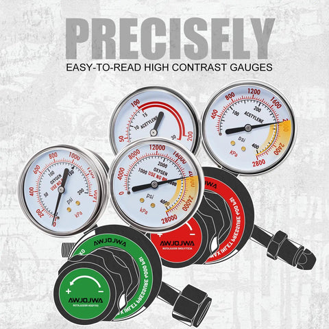 Oxygen And Acetylene Regulators For Medium Duty Welding Torch CGA540 CGA510 Compatible With 9/16 Inch 18 Outlet For Twin 1/4 Inch B Fittings, showing high contrast gauges.