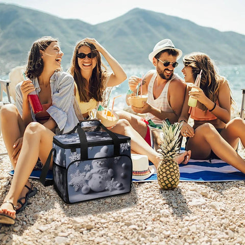 Go-To Insulated Picnic Backpack Tote with 30L capacity, leakproof cooler bag, snowman stars design at beach with friends.