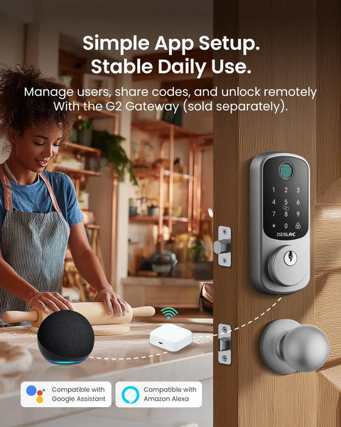 Rock Solid Fingerprint Smart Door Lock Featuring A Genuine Childsafe Classic Round Knob Keep Kids And Pets Totally Locked Down on wooden door with smart home features.