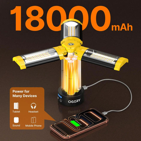 Remote Camping Light With 18000mAh Rechargeable Battery Power Bank, Detachable Tripod Stand Up To Six Feet, Three LED Lamp Heads