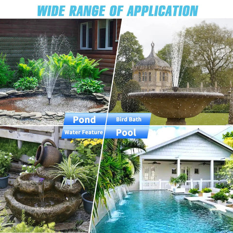 Wide range of applications for Must Have 15W Solar Fountain Pump with 190GPH Flow in ponds, bird baths, water features, and pools