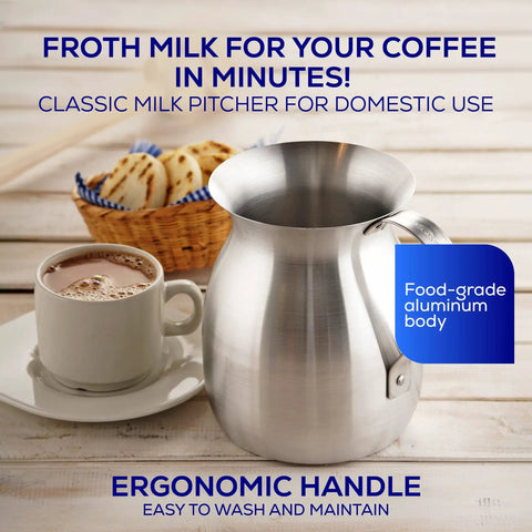 2.1 Qt Aluminum Chocolatera Hot Chocolate Maker And Frothing Pitcher beside a cup of hot chocolate and basket of cookies