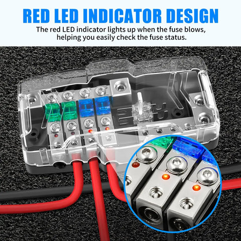 12V Fused Power Distribution Block For Car Stereo, 4-Way MIDI Fuse Block With Ground, Handles 0/2/4 GA In And 4/6/8 GA Out, Dual Positive Sides With Individual Fuses, Perfect For Auto, Marine, Boat And Solar Setups, clear cover and red LED indicator