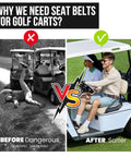 Before and after image showing golf carts with and without the All In One Golf Cart Seat Belt Kit With 2 Adjustable Lap Belts For Front And Rear Seats Fits Yamaha EZGO Club Car Go Karts Includes 8 Rust Proof Screws Easy Install.