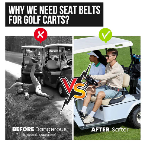 Before and after image showing golf carts with and without the All In One Golf Cart Seat Belt Kit With 2 Adjustable Lap Belts For Front And Rear Seats Fits Yamaha EZGO Club Car Go Karts Includes 8 Rust Proof Screws Easy Install.