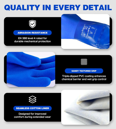 Heavy Duty Pvc Chemical Gloves With Waterproof Long Sleeve Cotton Liner Built For Hella Tough Industrial And Pool Tasks Featuring Straight Up Non Slip Grip In Blue Large detailed with sandy textured grip and seamless cotton liner.