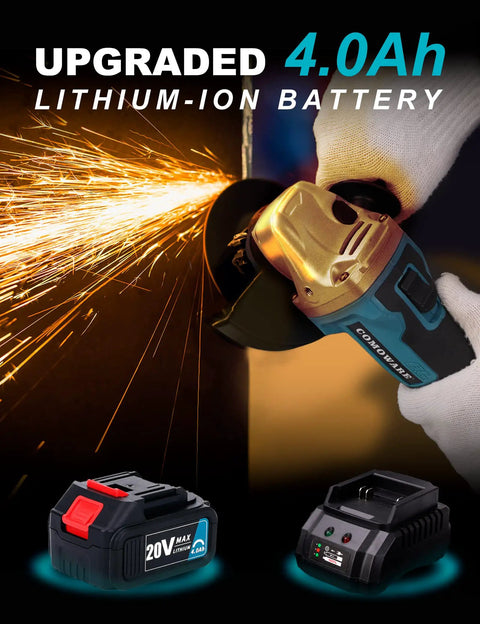 Cordless Four And A Half Inch Angle Grinder With 20V Brushless Motor 4Ah Battery And Fast Charge Up To 9000 RPM No Cable Hassle Built For Metal Cutting Grinding And Finishing Projects