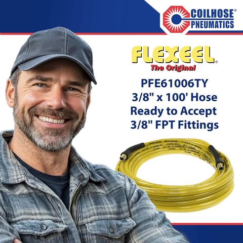Pro Grade Heavy Duty Reinforced Polyurethane Air Hose 3 Eighths Inch ID, 100 Feet Long With Two 3 Eighths Inch MPT Reusable Strain Relief